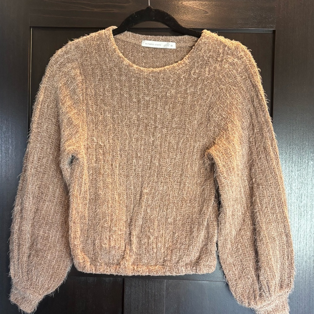 Altar’d State‎ Fuzzy Textured Sweater Tan Brown Balloon Sleeve Soft Knit Sz: XS